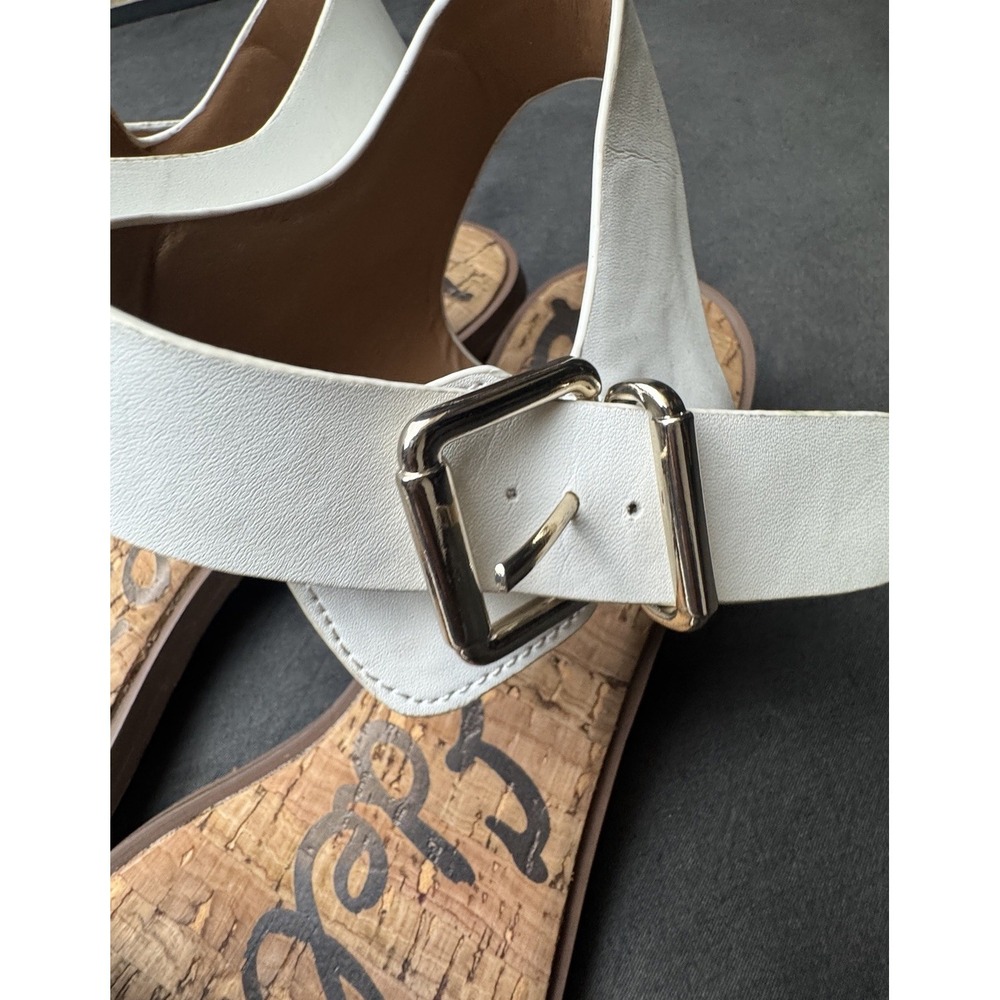 Sam Edelman White Leather Cork Sandals Gold Block Heel Buckle Strap Women's 7.5 - Picture 3 of 13